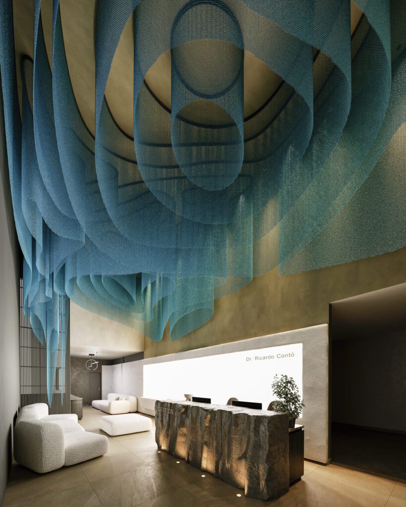 Decoração de correntes Dropiron em teto de consultório