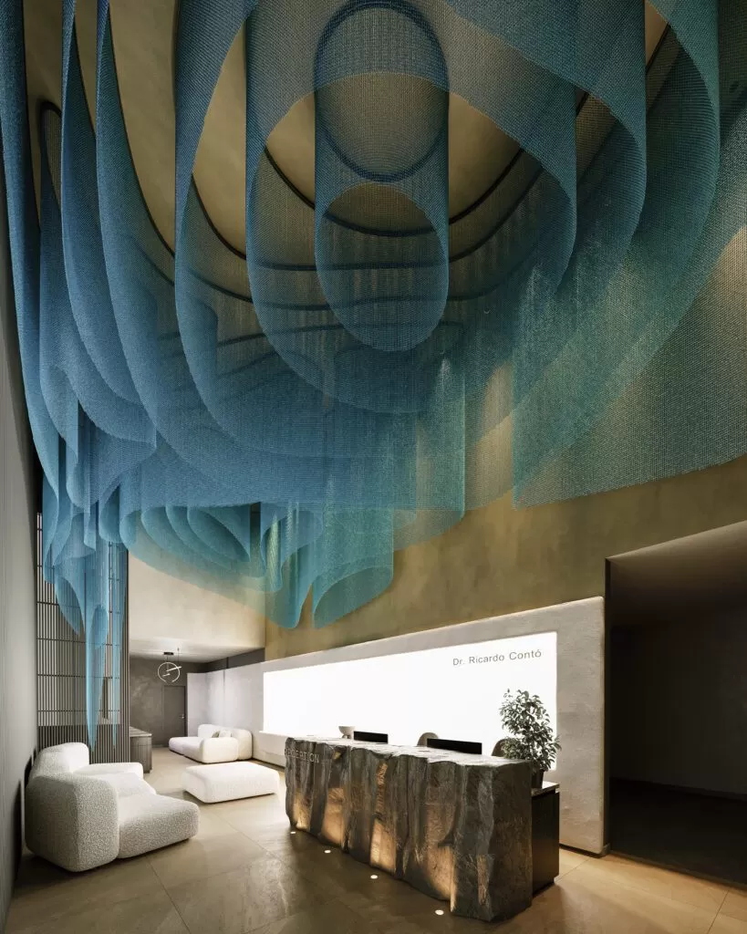 Decoração de correntes Dropiron em teto de consultório