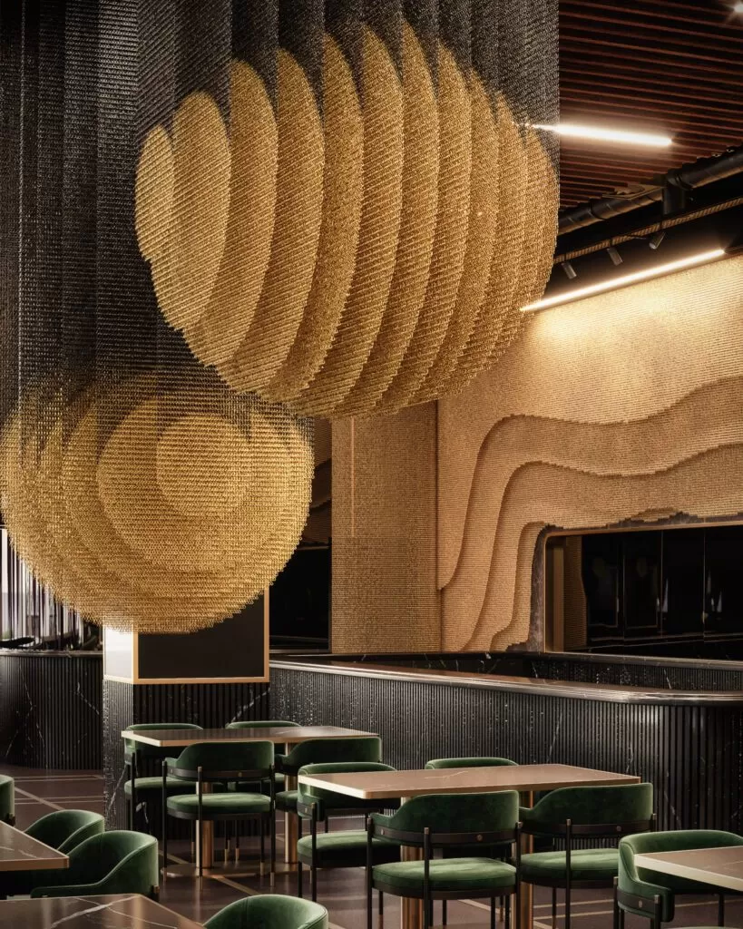 Esculturas mosaico de correntes pretas e douradas Dropiron